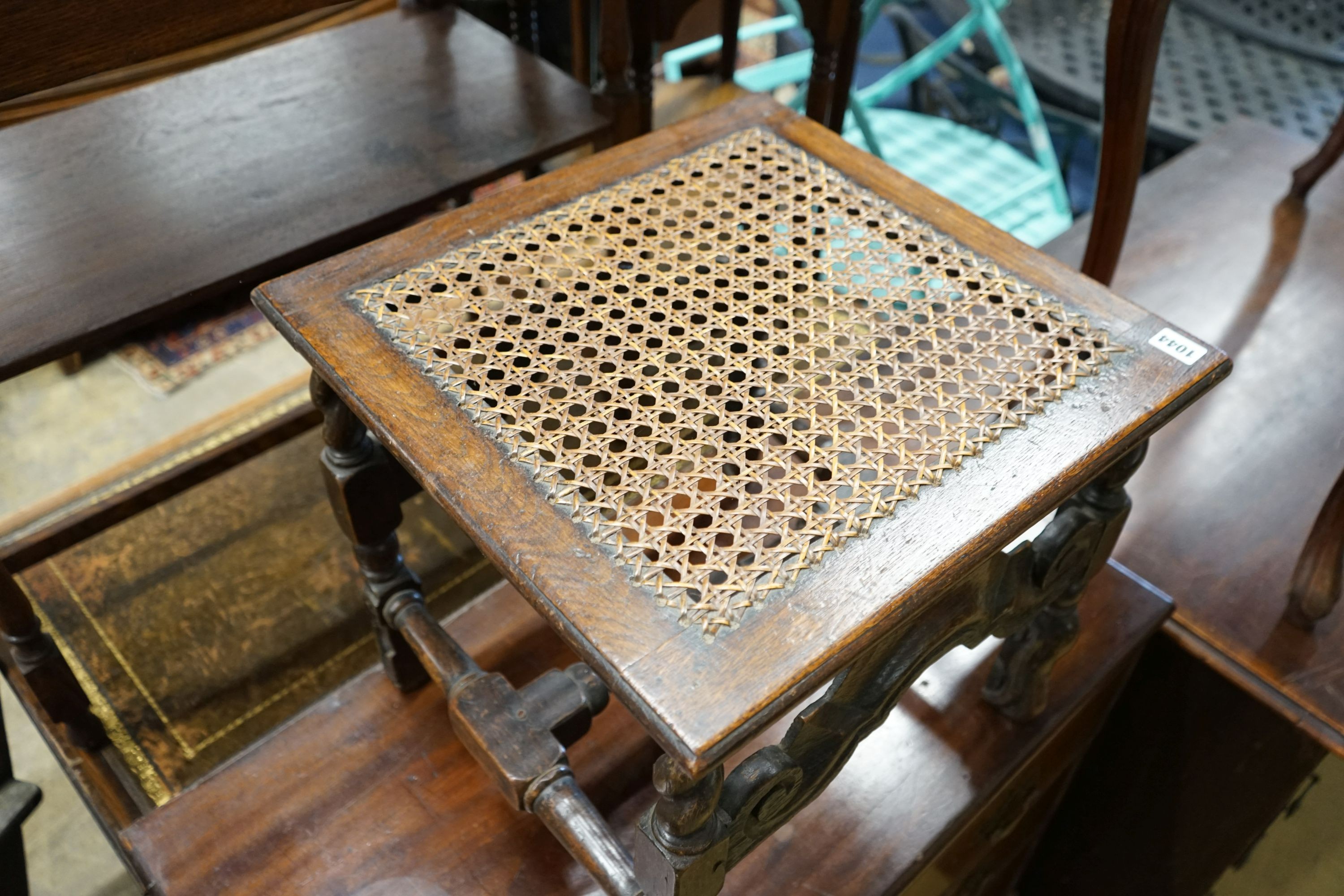 A Carolean design square caned oak stool, 46cm, height 42cm